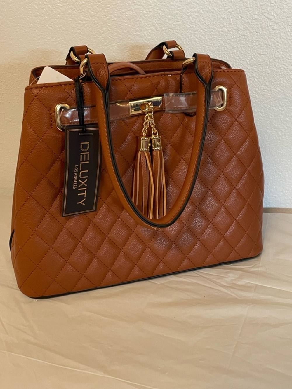 Quilted Tan Tote Bag with Tassel Charm
